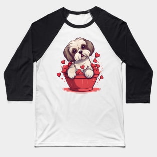 Cartoon Shih Tzu Dog in Hearts Basket Baseball T-Shirt